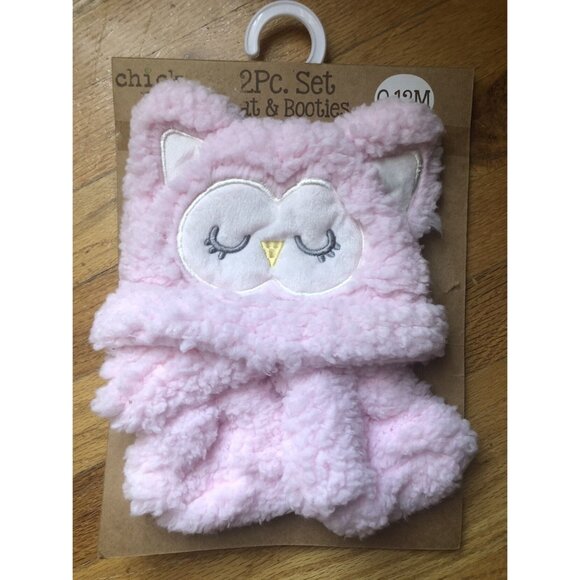 🆕 Chick Pea Pink Sherpa Owl Set Hat & Booties - Picture 1 of 3